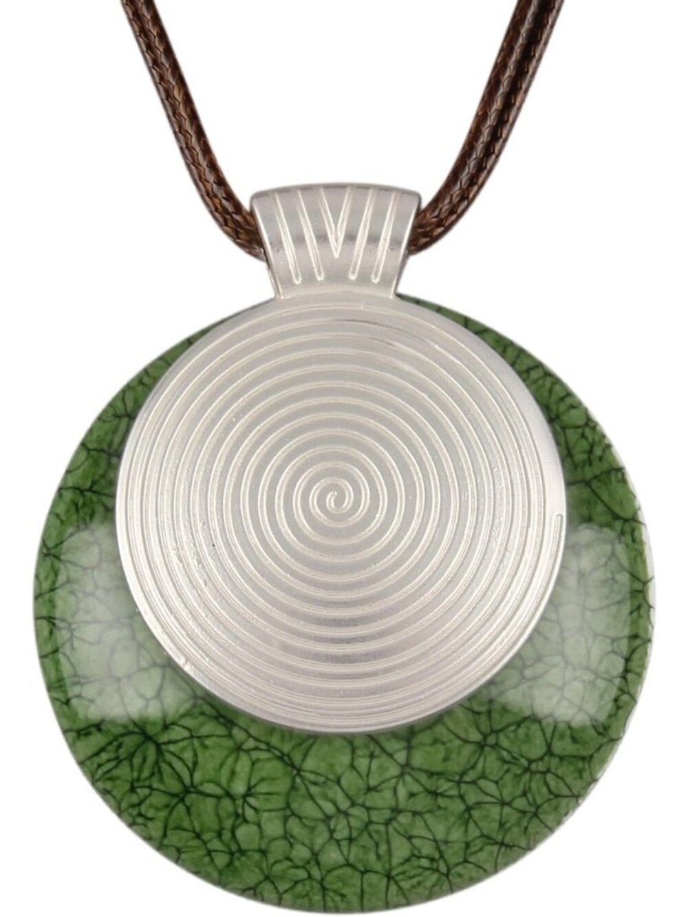 Women's Silver Green Round Pendant Spiral Vortex Geometric Statement Necklace